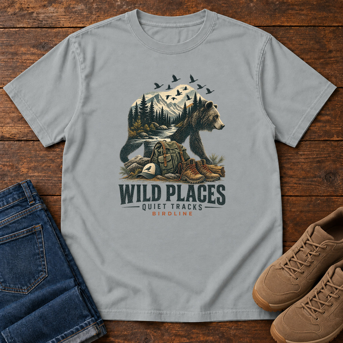 Wild Places Quiet Tracks Bear T-Shirt in Granite