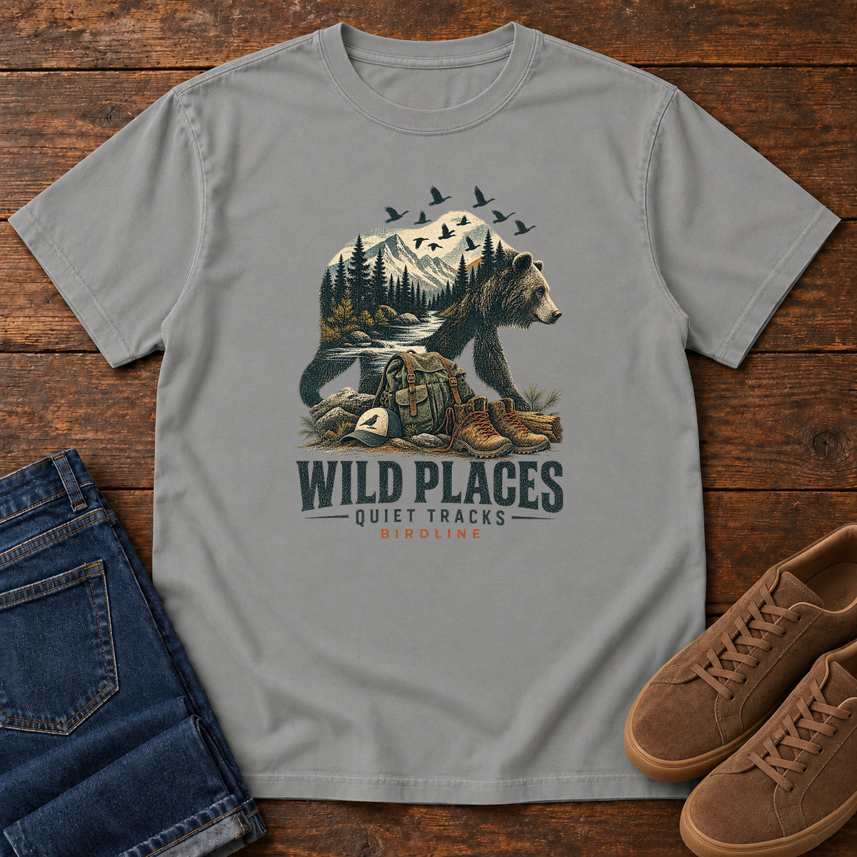 Wild Places Quiet Tracks Bear T-Shirt in Grey