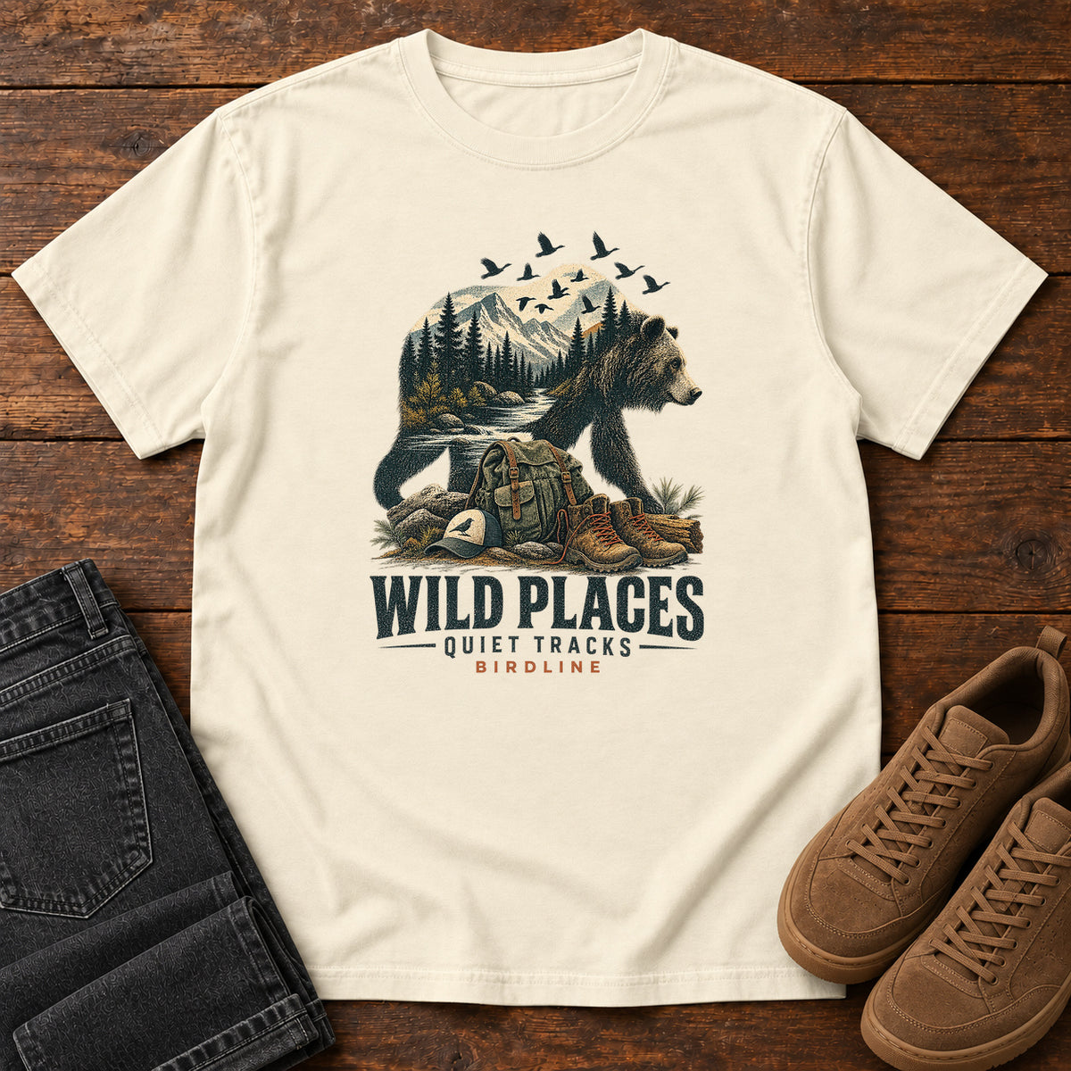 Wild Places Quiet Tracks Bear T-Shirt in Ivory