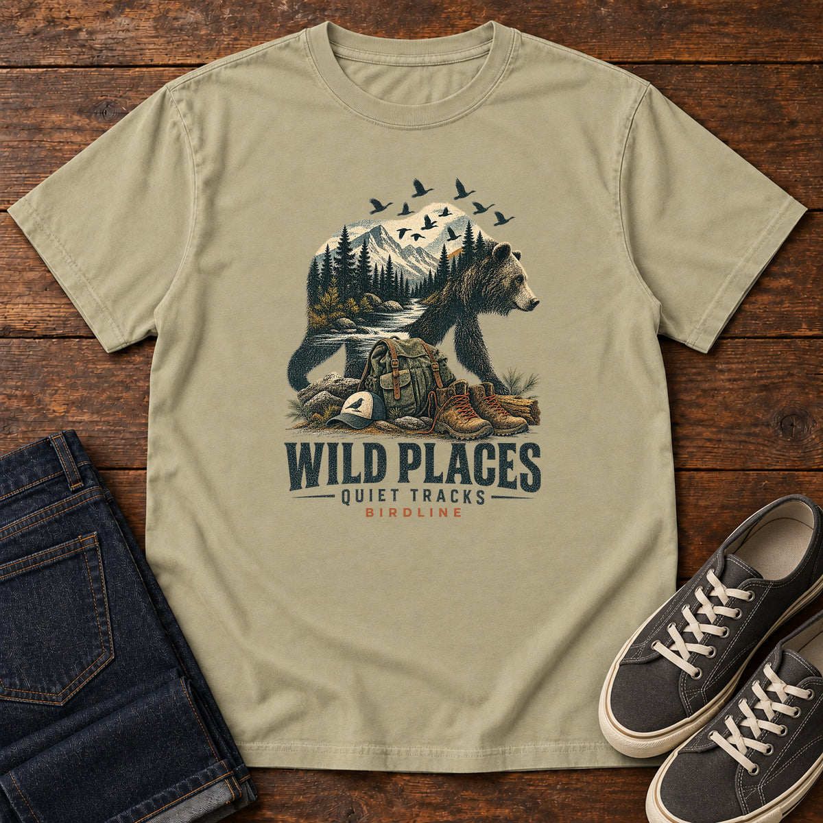 Wild Places Quiet Tracks Bear T-Shirt in Khaki
