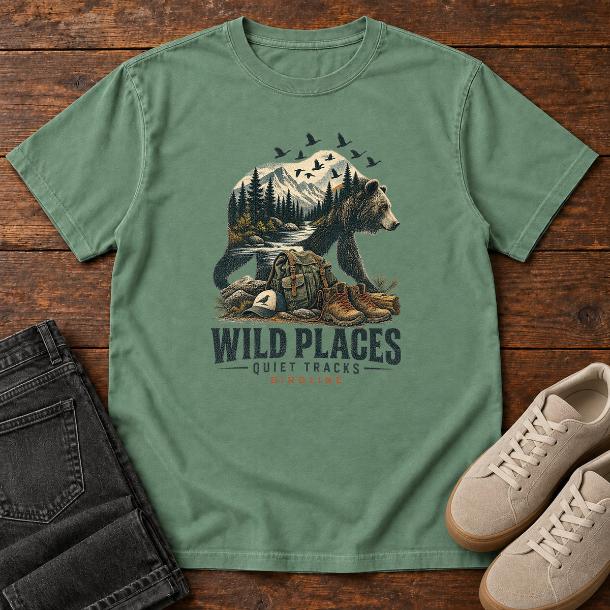 Wild Places Quiet Tracks Bear T-Shirt in Light Green