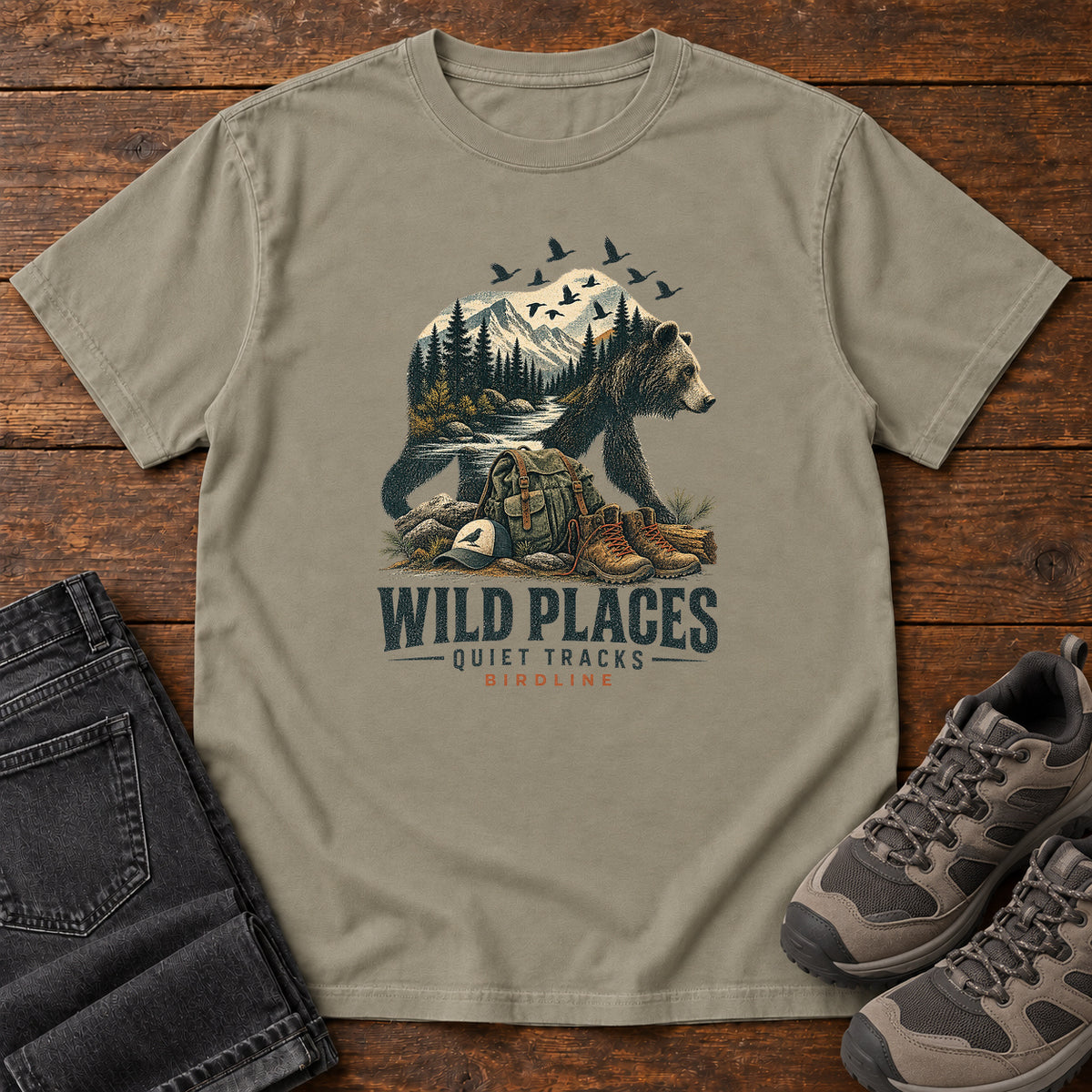 Wild Places Quiet Tracks Bear T-Shirt in Sandstone
