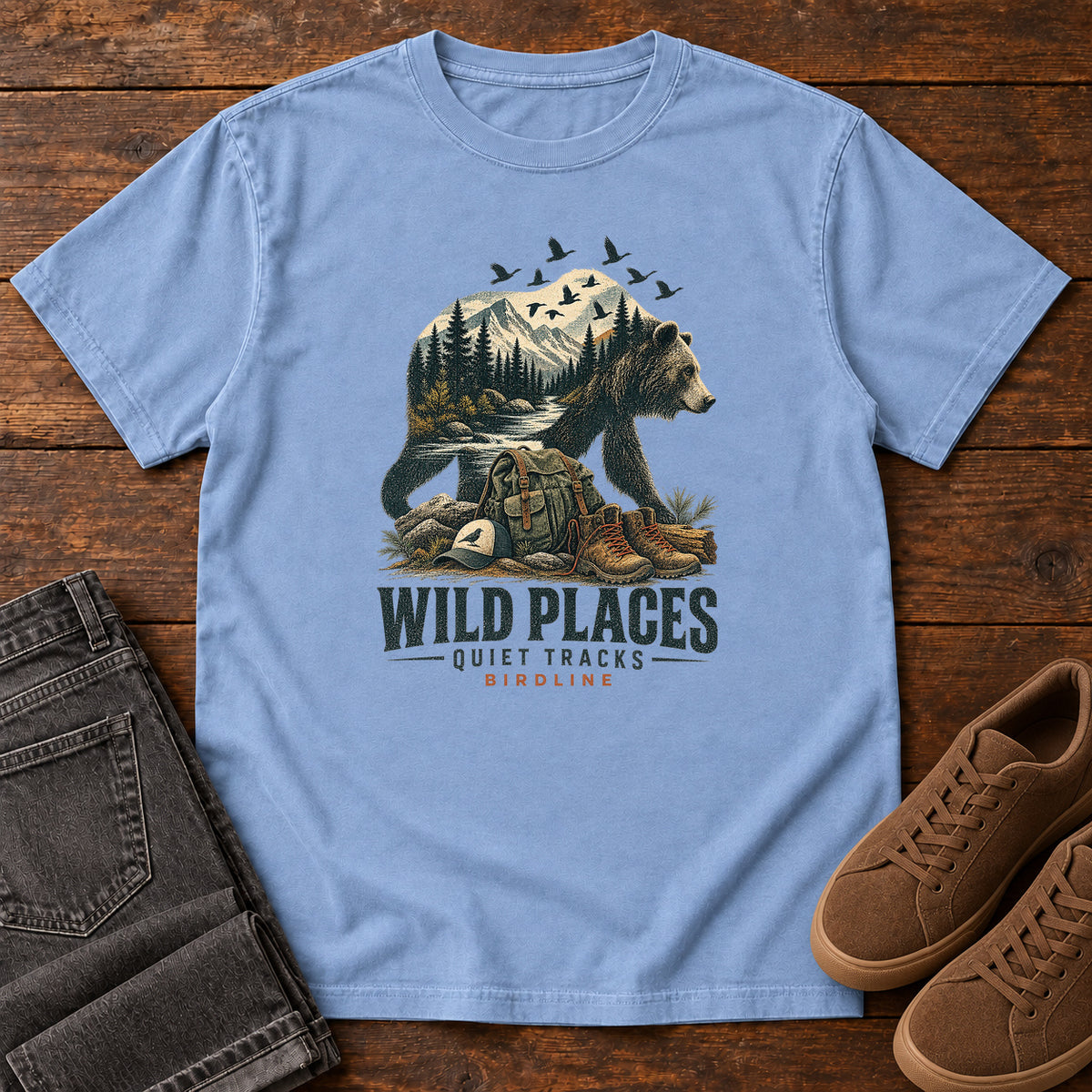 Wild Places Quiet Tracks Bear T-Shirt in Washed Denim