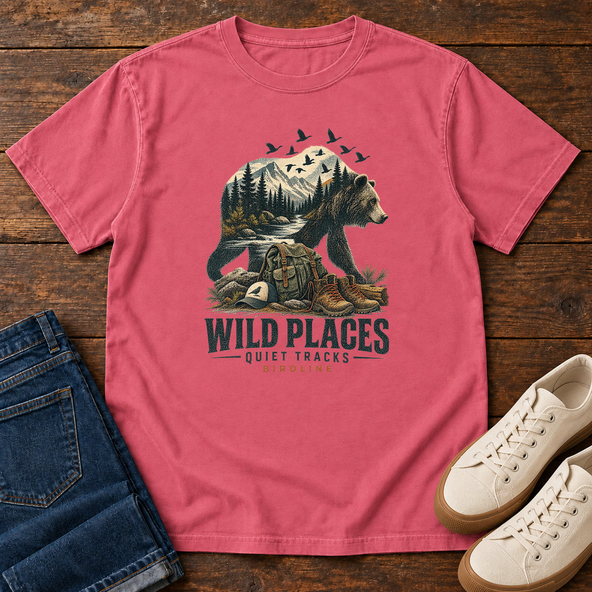 Wild Places Quiet Tracks Bear T-Shirt in Watermelon