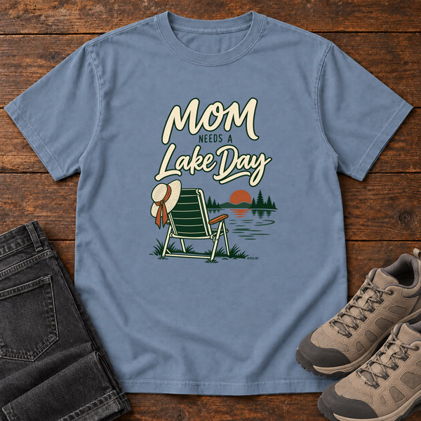 Mom Needs a Lake Day T-Shirt in Blue Jean, front view