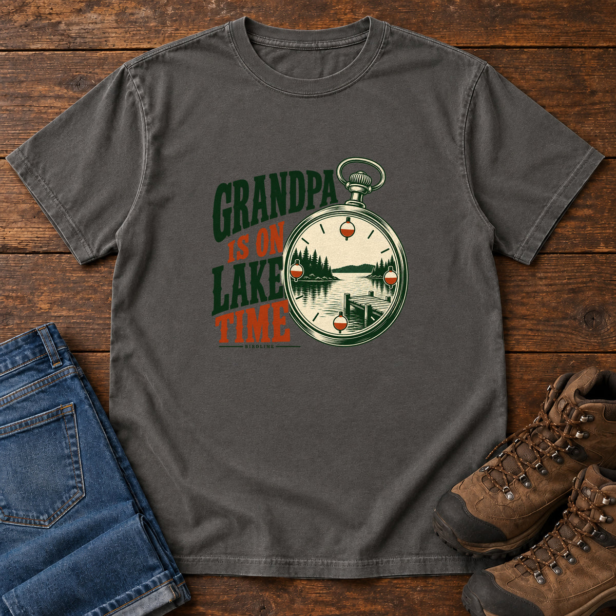 Pepper Grandpa Is on Lake Time T-Shirt with a pocket watch framing a lake and dock beside green and orange lettering; front flat lay on wood.