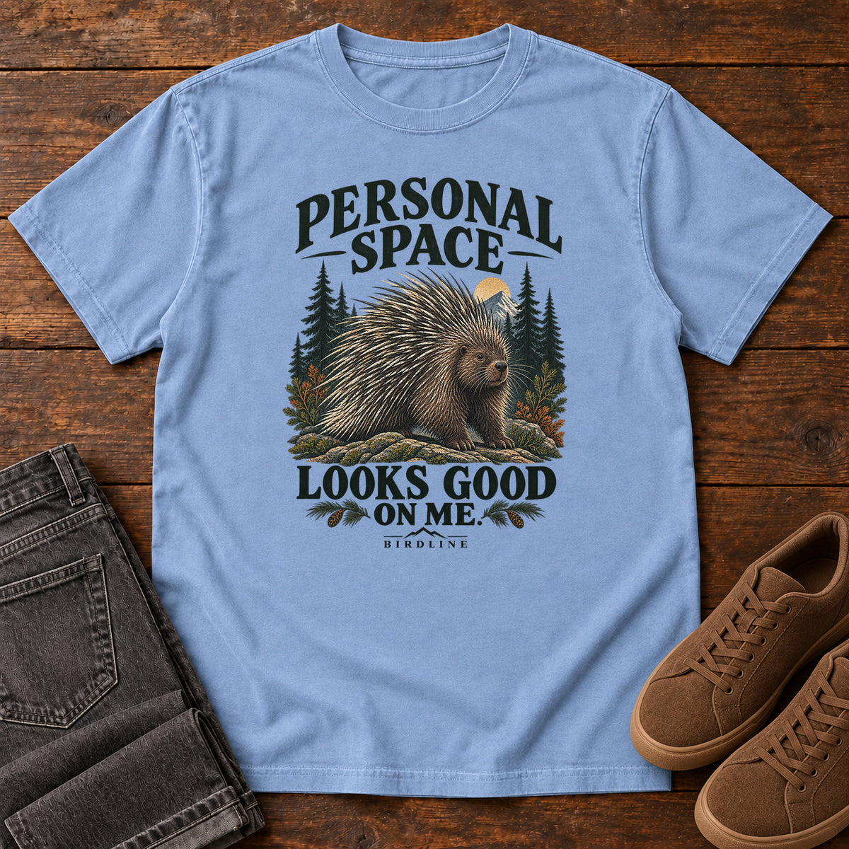 Personal Space Looks Good on Me Porcupine T-Shirt in Washed Denim