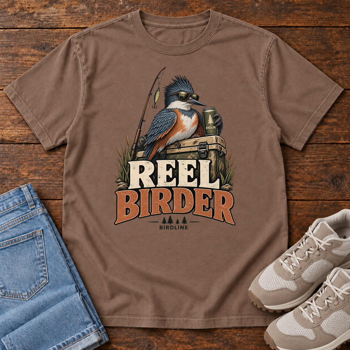 Espresso Reel Birder T-Shirt with a crested bird in sunglasses holding a mug beside a fishing rod and tackle box; front flat lay on wood.
