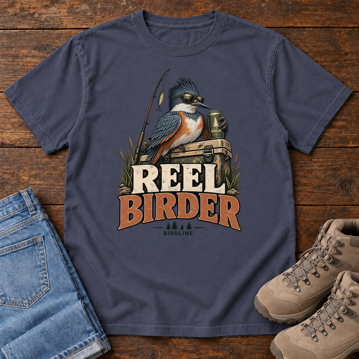 Navy Reel Birder T-Shirt with a crested bird in sunglasses holding a mug beside a fishing rod and tackle box; front flat lay on wood.