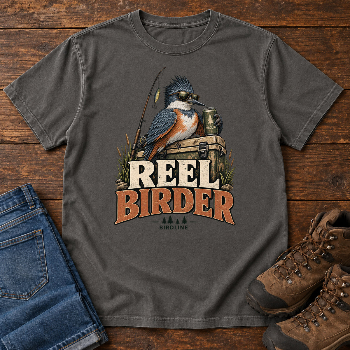 Pepper Reel Birder T-Shirt with a crested bird in sunglasses holding a mug beside a fishing rod and tackle box; front flat lay on wood.