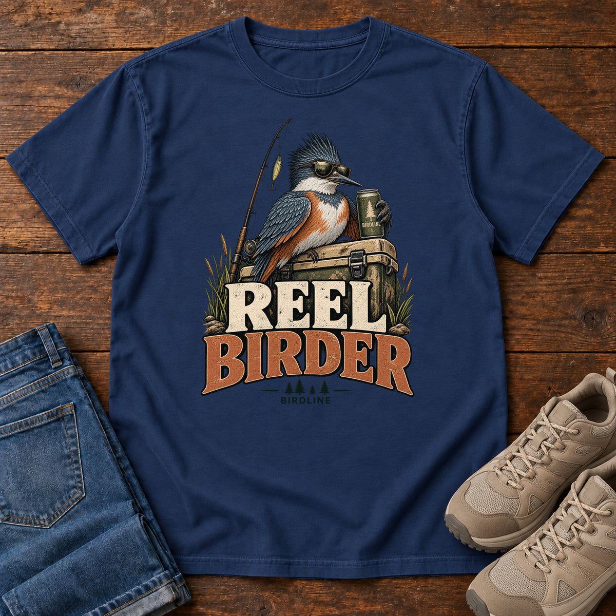True Navy Reel Birder T-Shirt with a crested bird in sunglasses holding a mug beside a fishing rod and tackle box; front flat lay on wood.