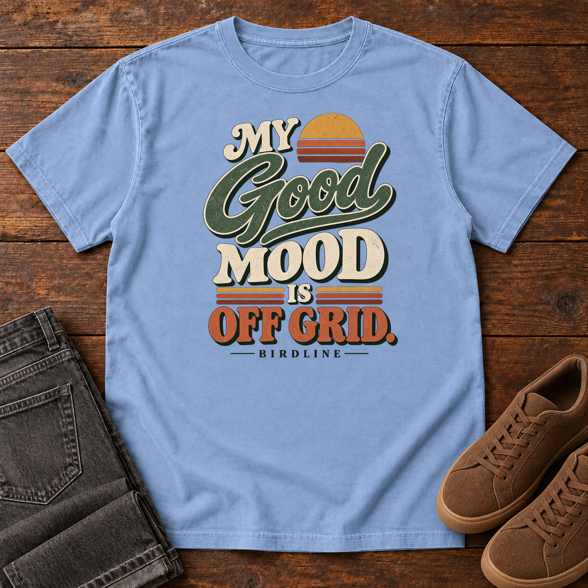 My Good Mood Is Off Grid T-Shirt in Washed Denim