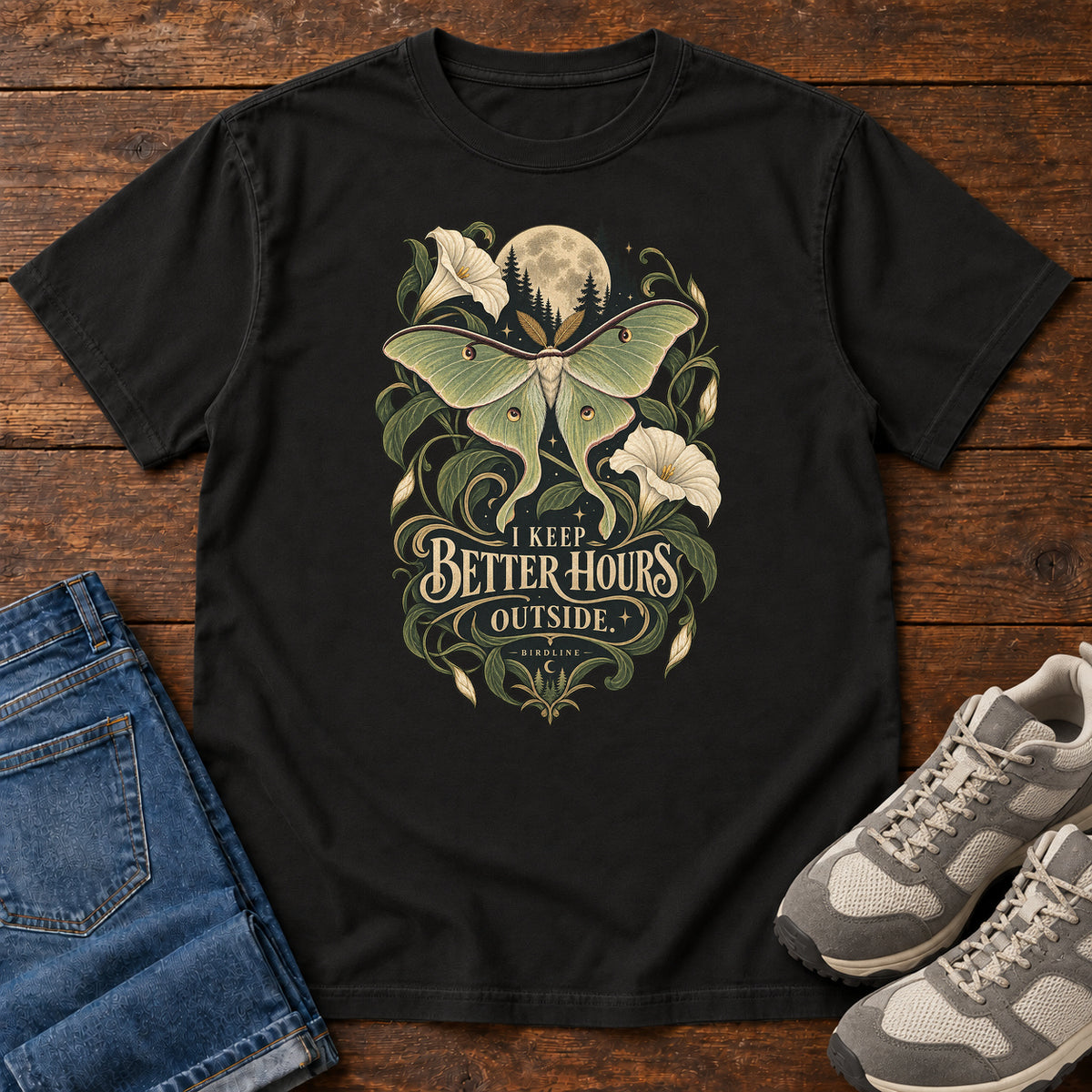 I Keep Better Hours Outside Moth T-Shirt in Black