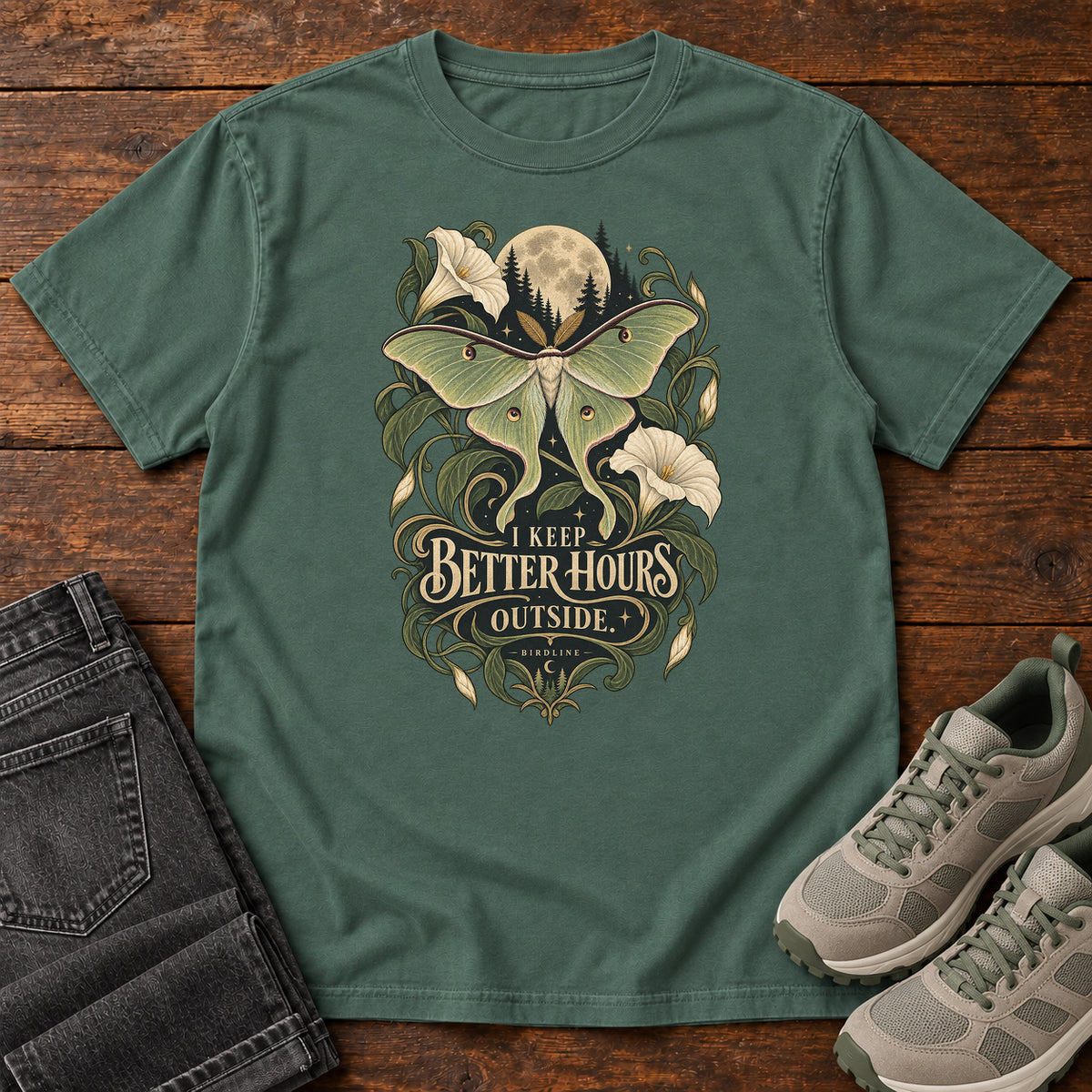 I Keep Better Hours Outside Moth T-Shirt in Blue Spruce
