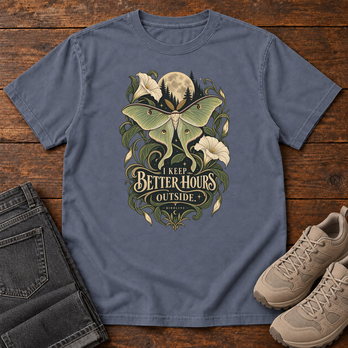 I Keep Better Hours Outside Moth T-Shirt in Denim