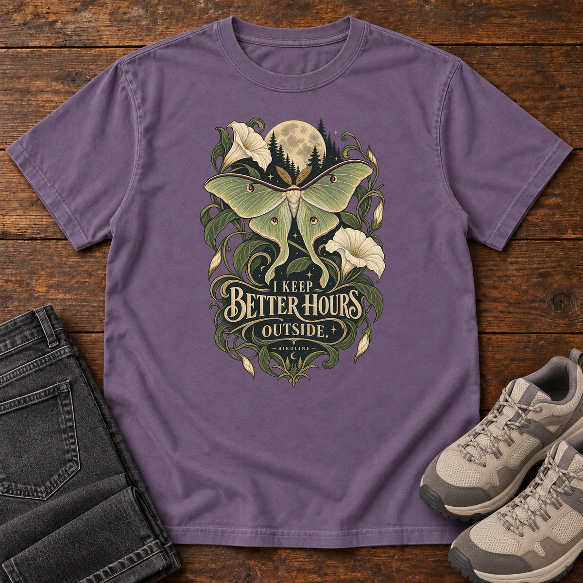 I Keep Better Hours Outside Moth T-Shirt in Grape
