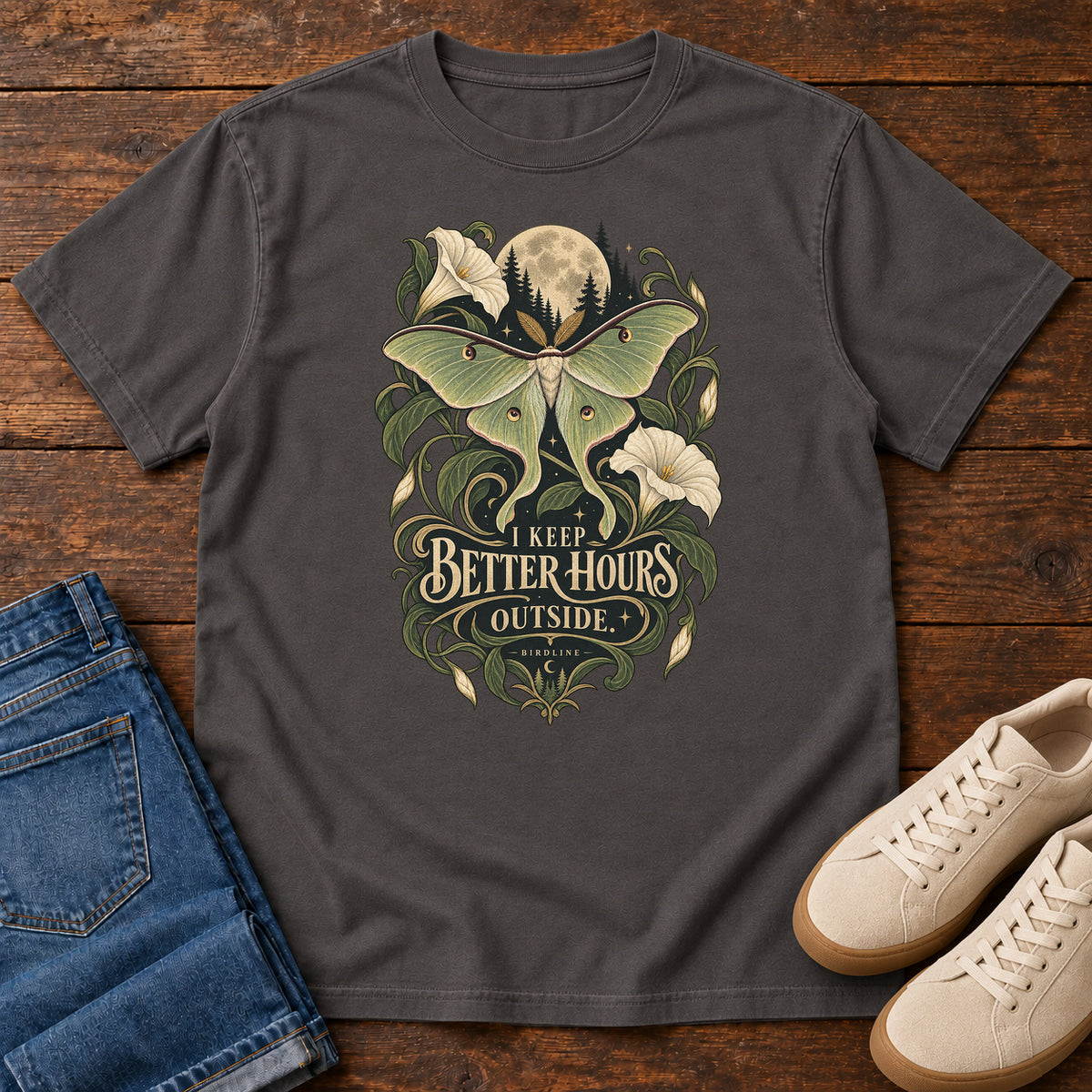 I Keep Better Hours Outside Moth T-Shirt in Graphite