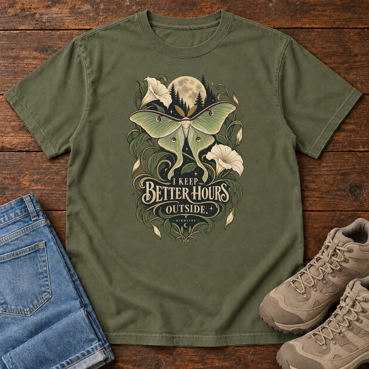 I Keep Better Hours Outside Moth T-Shirt in Hemp