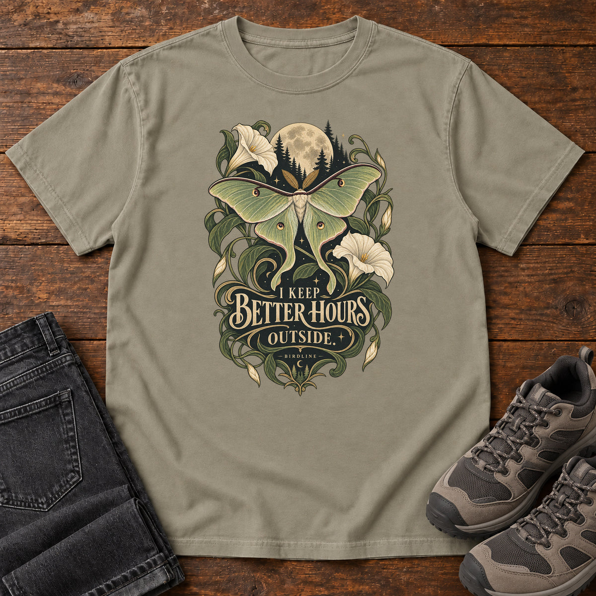 I Keep Better Hours Outside Moth T-Shirt in Sandstone