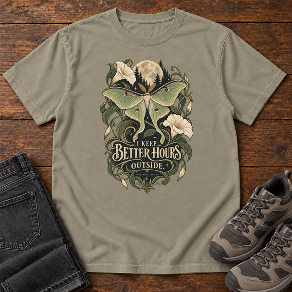 I Keep Better Hours Outside Moth T-Shirt in Sandstone, front view