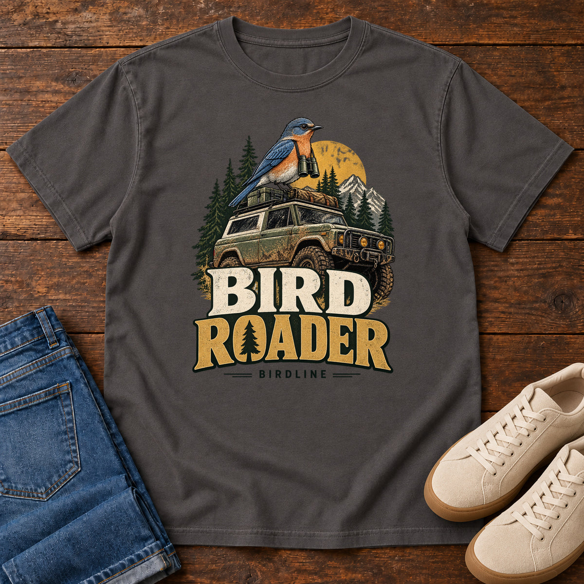 Bird Roader T-Shirt in Graphite, front laid flat on wood, featuring a blue-and-orange bird above an off-road vehicle, pine trees, mountains and a yellow sun.