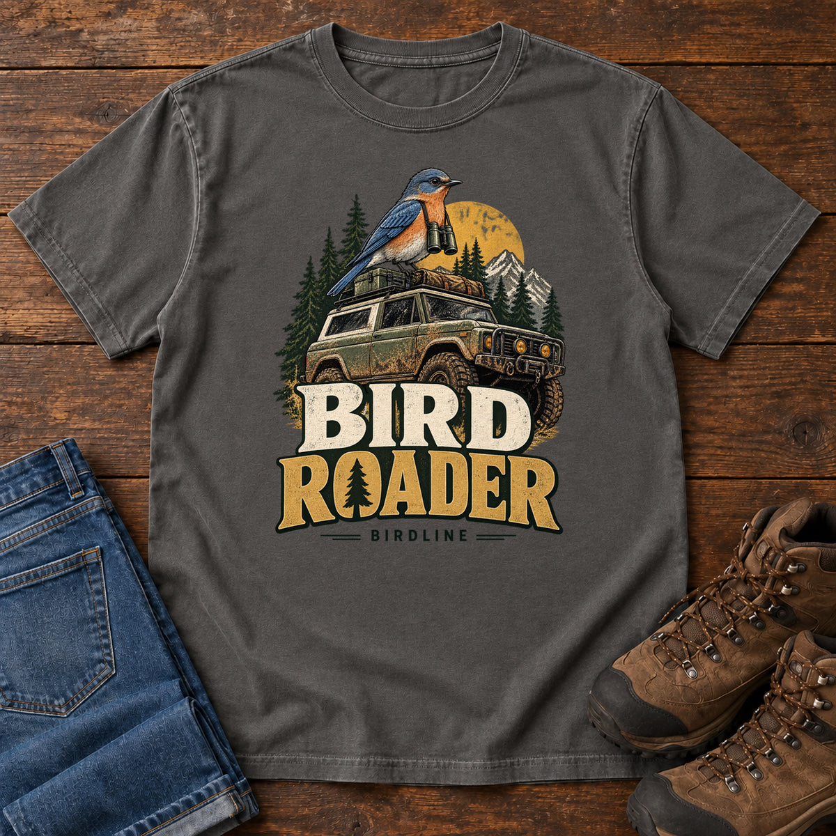 Bird Roader T-Shirt in Pepper, front laid flat on wood, featuring a blue-and-orange bird above an off-road vehicle, pine trees, mountains and a yellow sun.
