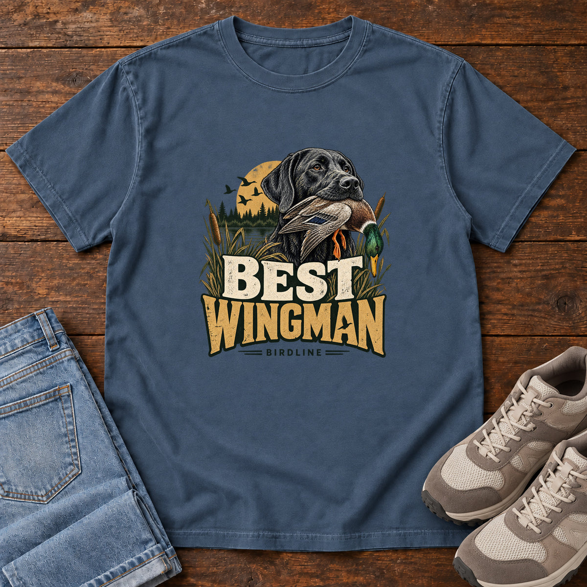 Midnight Best Wingman T-Shirt with a black dog carrying a duck, marsh reeds and cream-and-gold lettering, front flat lay on wood.