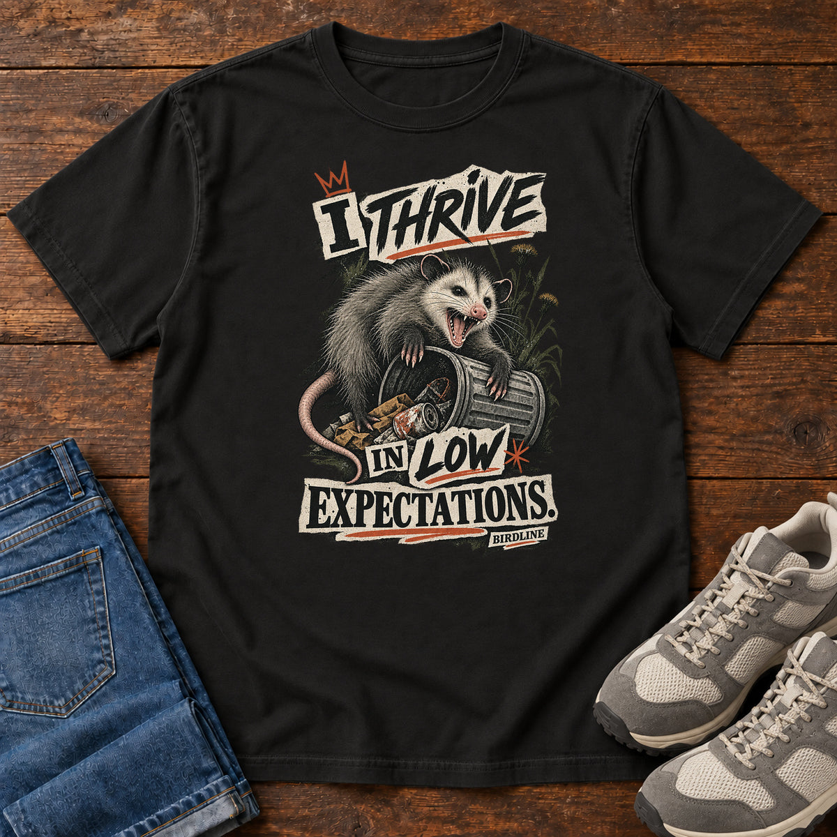 I Thrive in Low Expectations Opossum T-Shirt in Black