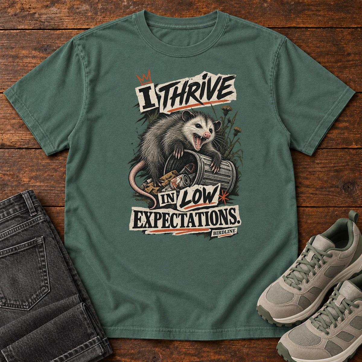 I Thrive in Low Expectations Opossum T-Shirt in Blue Spruce