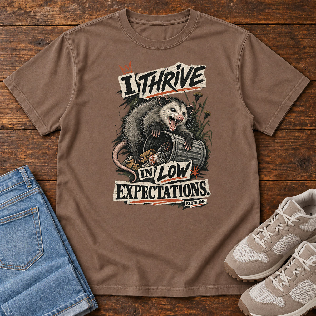 I Thrive in Low Expectations Opossum T-Shirt in Espresso