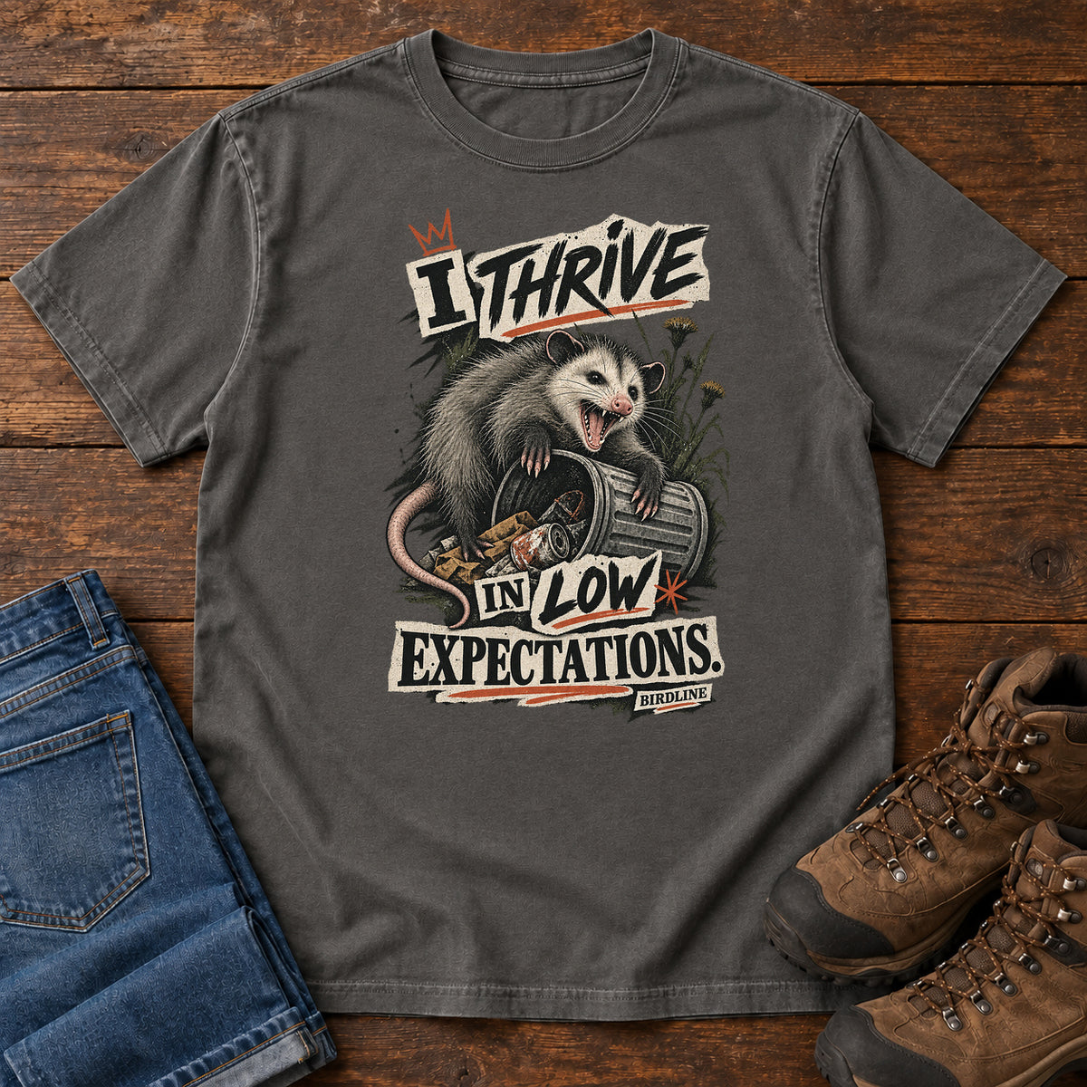 I Thrive in Low Expectations Opossum T-Shirt in Pepper