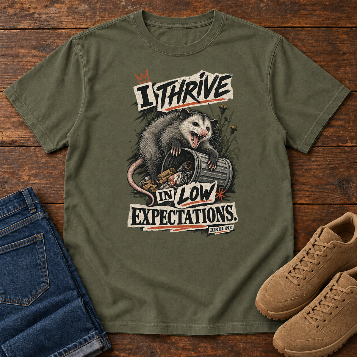 I Thrive in Low Expectations Opossum T-Shirt in Sage