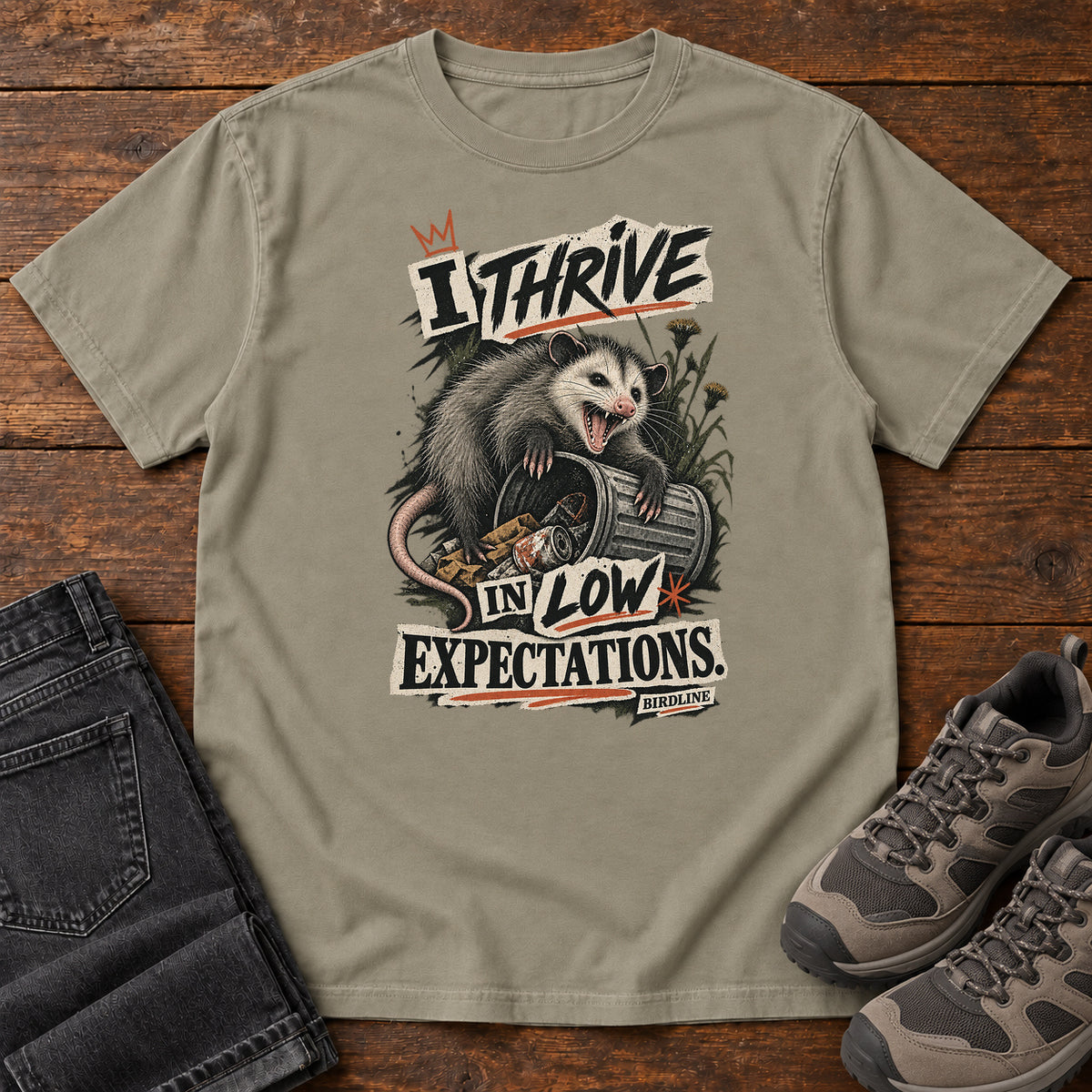 I Thrive in Low Expectations Opossum T-Shirt in Sandstone