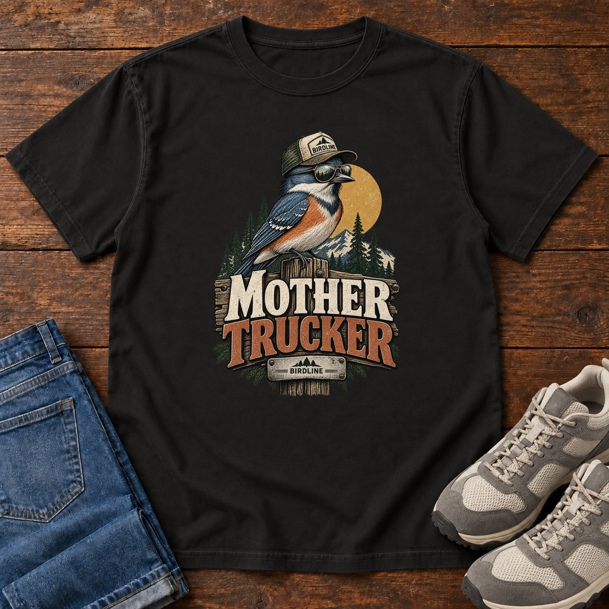 Black Mother Trucker T-Shirt with a blue-and-orange bird wearing a cap and sunglasses above mountains and pines; front flat lay on wood.