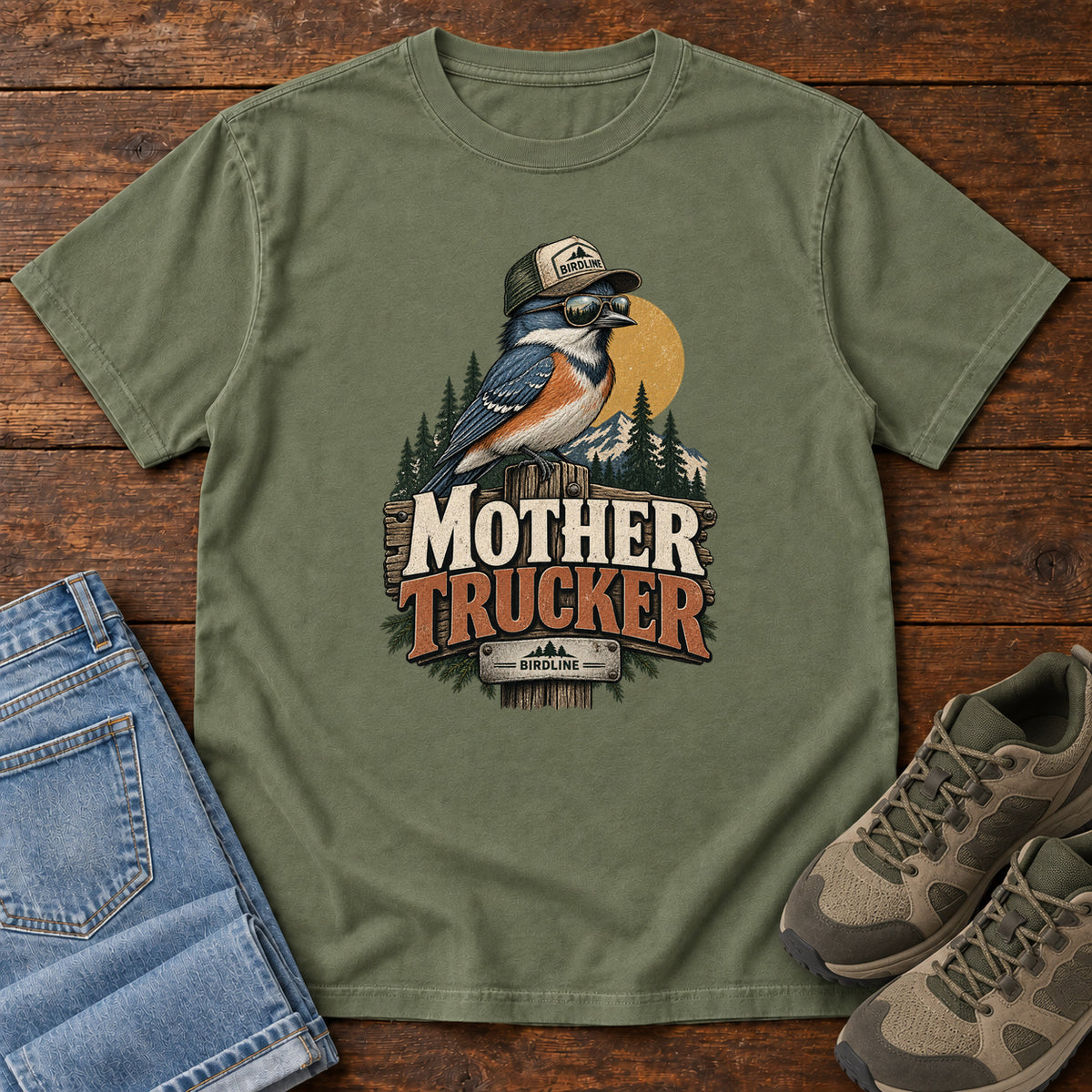 Moss Mother Trucker T-Shirt with a blue-and-orange bird wearing a cap and sunglasses above mountains and pines; front flat lay on wood.