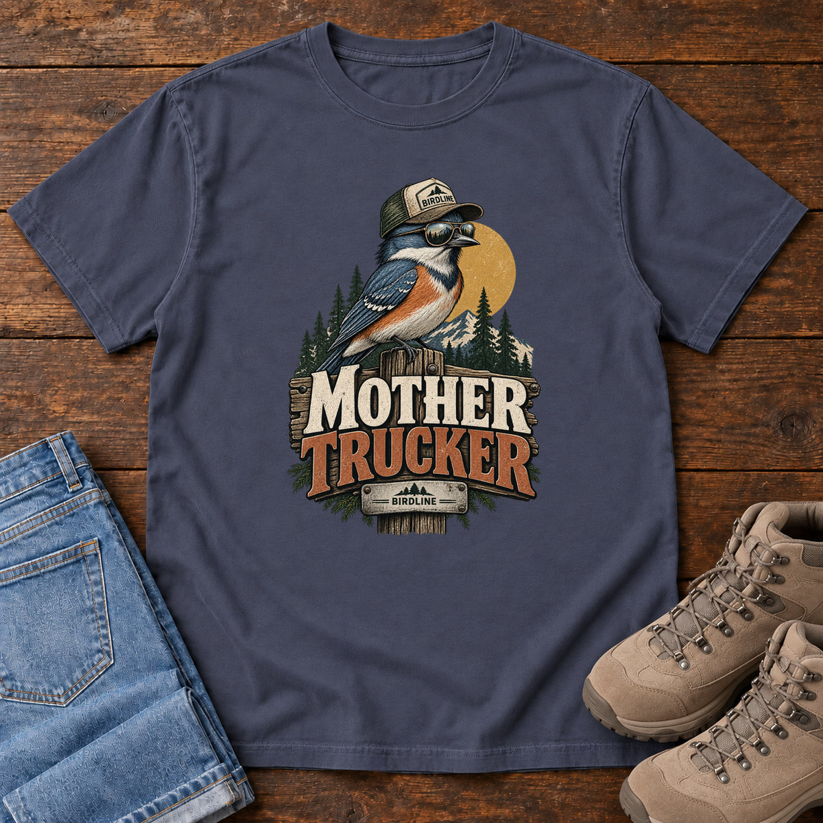 Navy Mother Trucker T-Shirt with a blue-and-orange bird wearing a cap and sunglasses above mountains and pines; front flat lay on wood.
