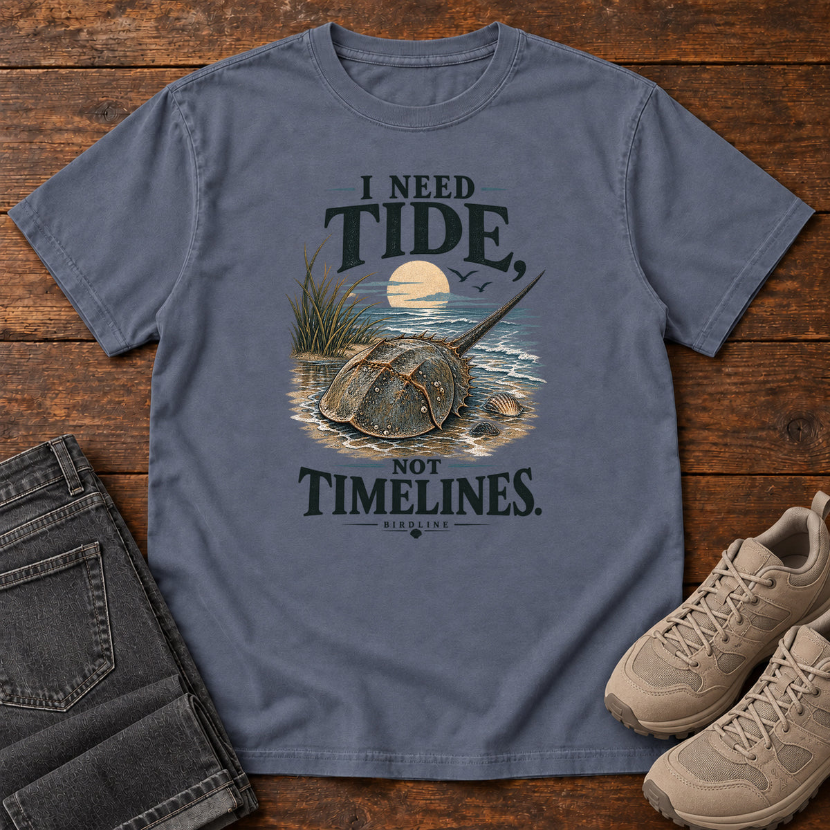I Need Tides Not Timelines Horseshoe Crab T-Shirt in Denim