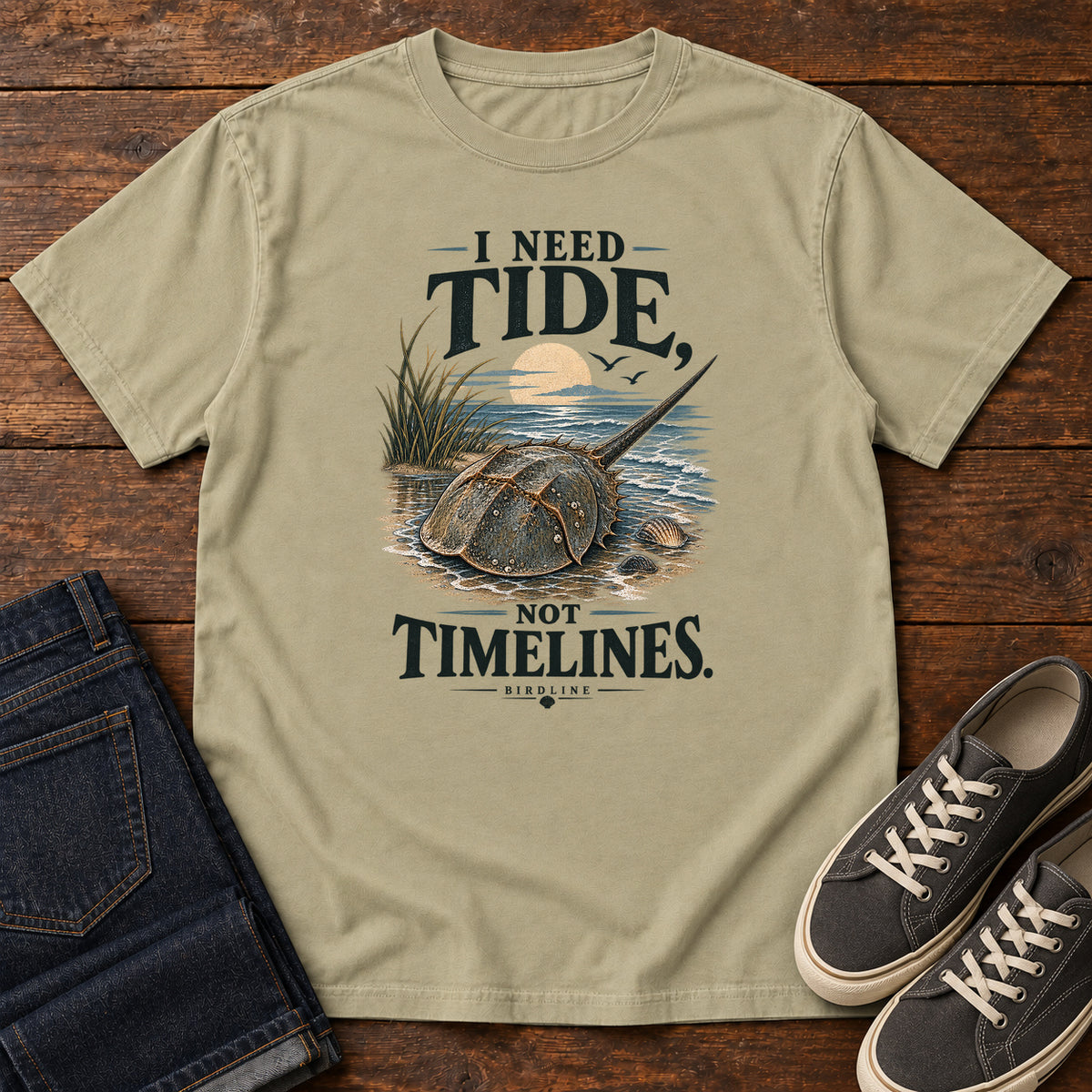 I Need Tides Not Timelines Horseshoe Crab T-Shirt in Khaki