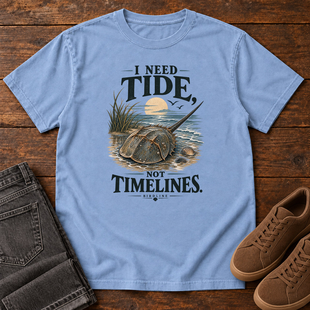 I Need Tides Not Timelines Horseshoe Crab T-Shirt in Washed Denim