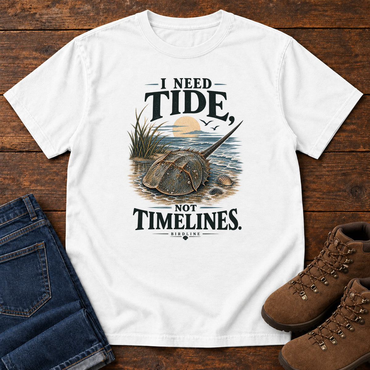 I Need Tides Not Timelines Horseshoe Crab T-Shirt in White