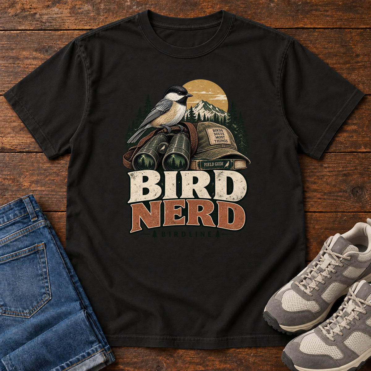 Bird Nerd Binoculars T-Shirt in Black, front laid flat on wood, featuring a black-capped, cream-and-gray bird above binoculars and a cap, with mountains and bold lettering.