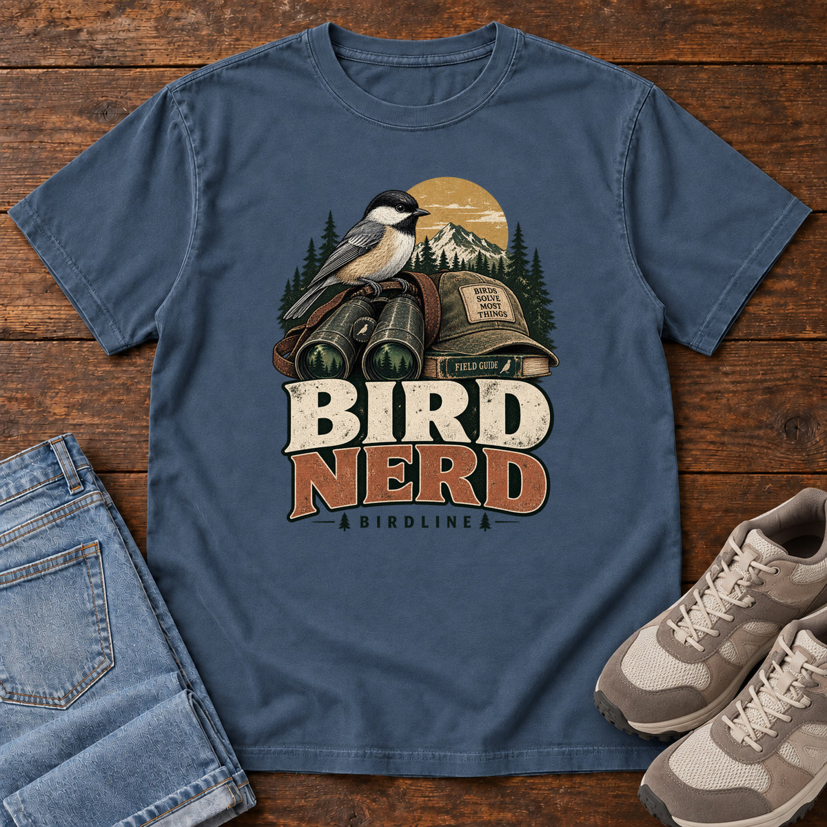 Bird Nerd Binoculars T-Shirt in Midnight, front laid flat on wood, featuring a black-capped, cream-and-gray bird above binoculars and a cap, with mountains and bold lettering.