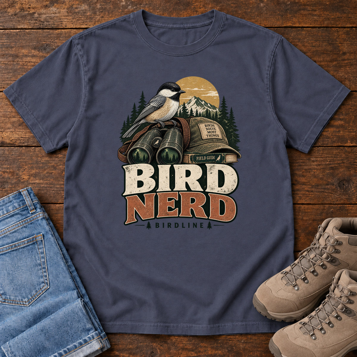 Bird Nerd Binoculars T-Shirt in Navy, front laid flat on wood, featuring a black-capped, cream-and-gray bird above binoculars and a cap, with mountains and bold lettering.