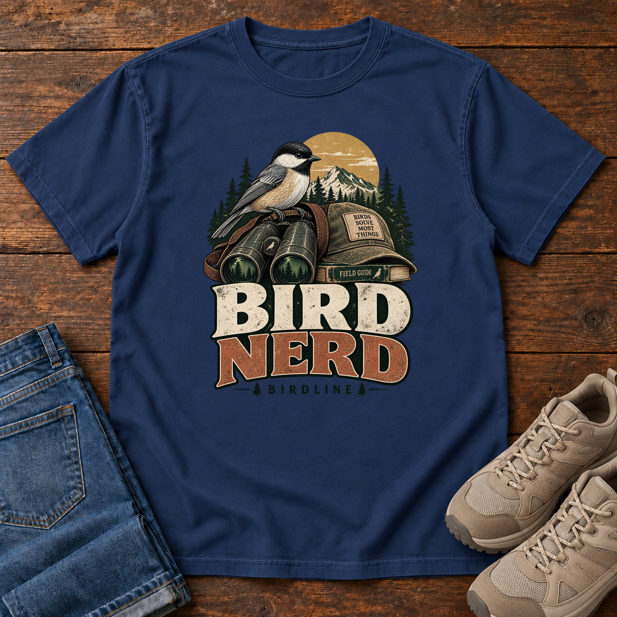 Bird Nerd Binoculars T-Shirt in True Navy, front laid flat on wood, featuring a black-capped, cream-and-gray bird above binoculars and a cap, with mountains and bold lettering.