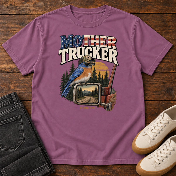 Mother Trucker Side Mirror T-Shirt in Berry, front view