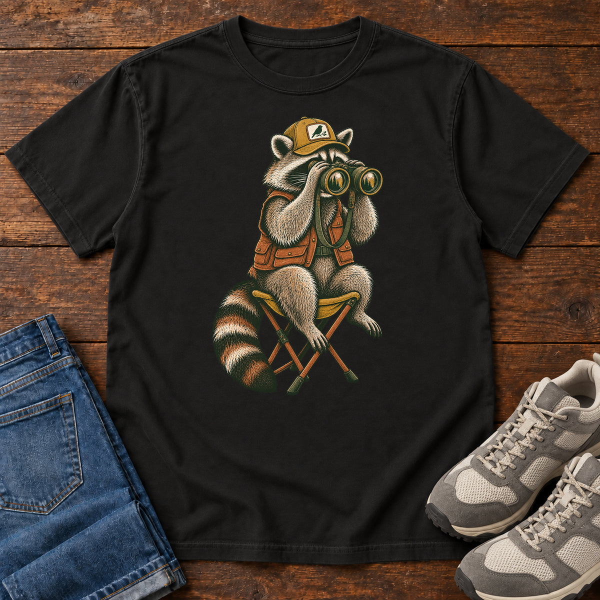 Raccoon Binoculars Chair T-Shirt in Black