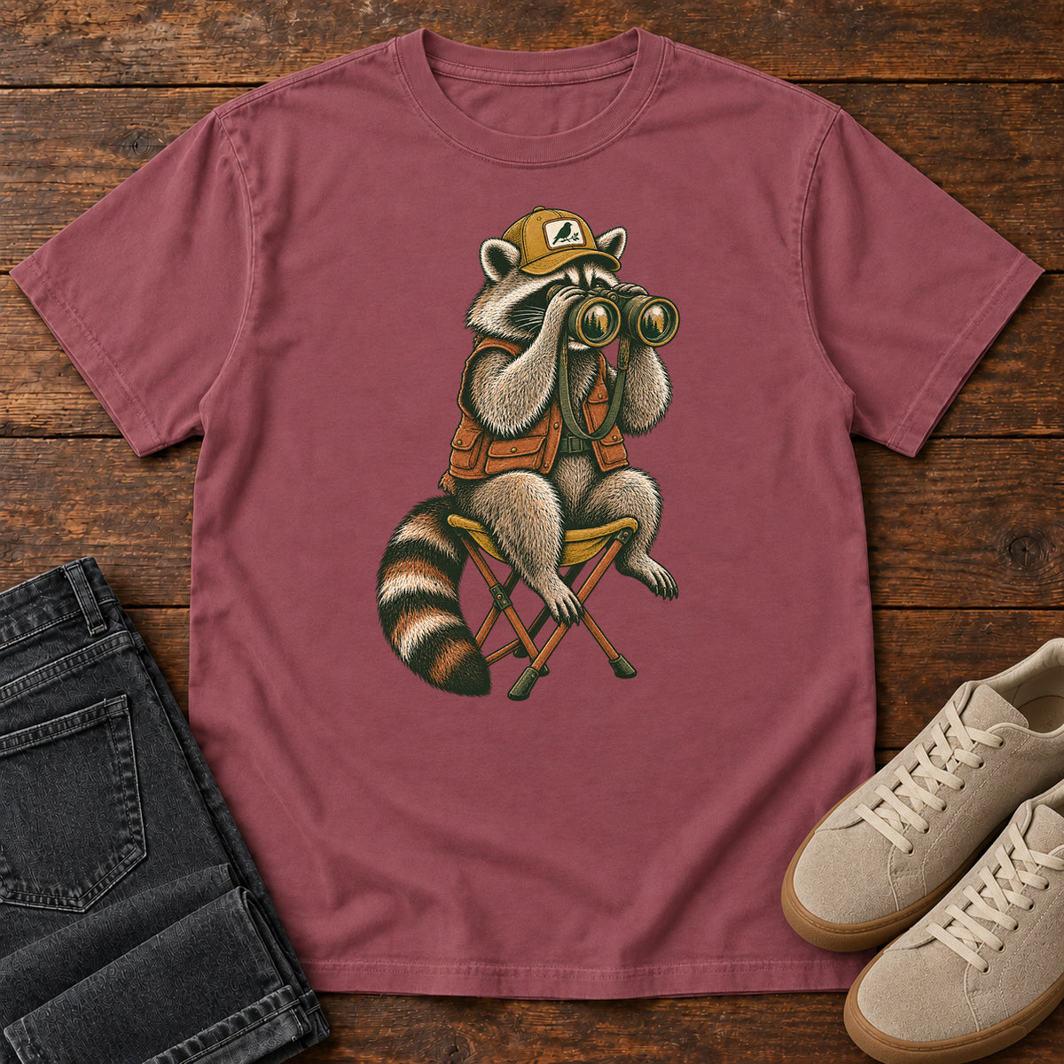 Raccoon Binoculars Chair T-Shirt in Brick