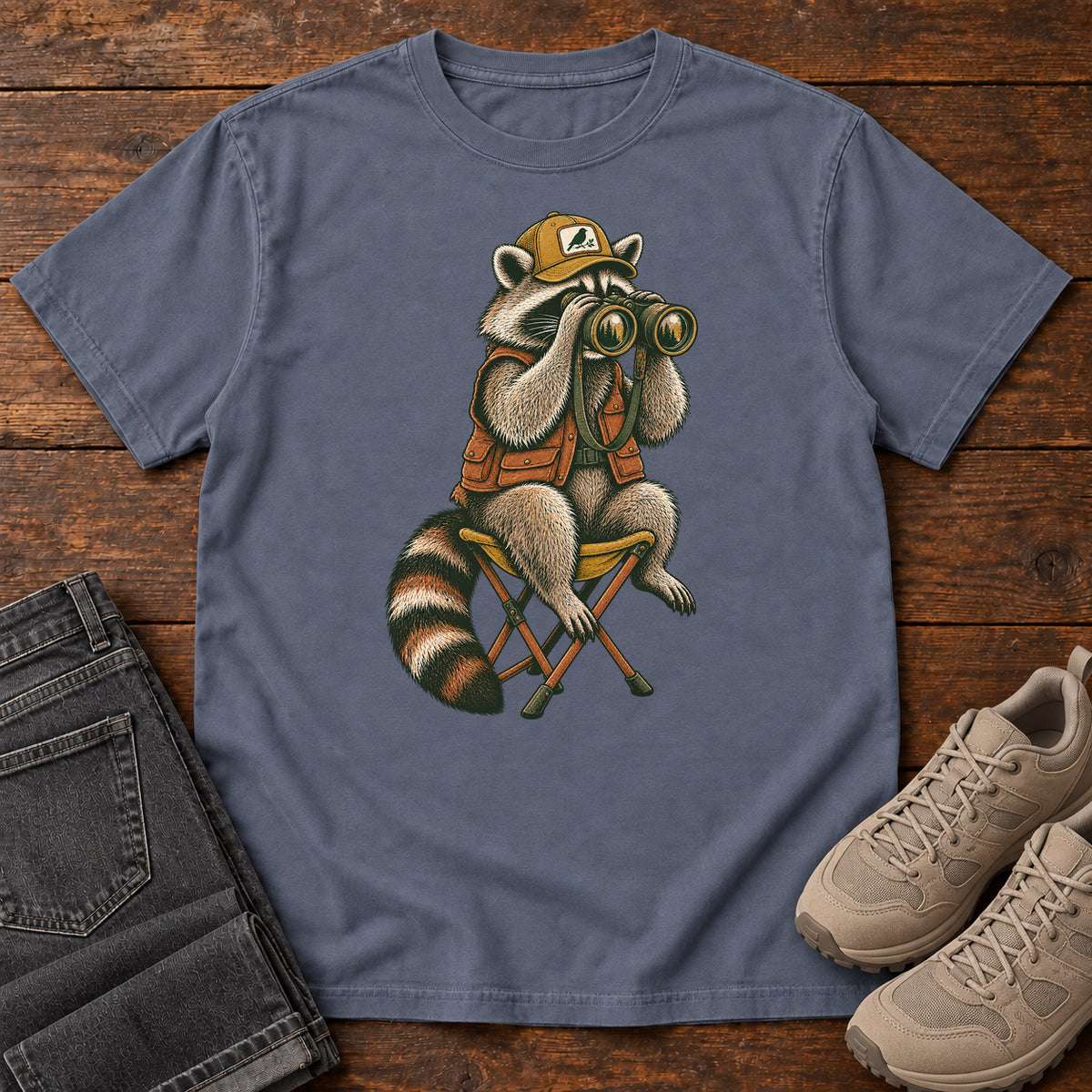 Raccoon Binoculars Chair T-Shirt in Denim