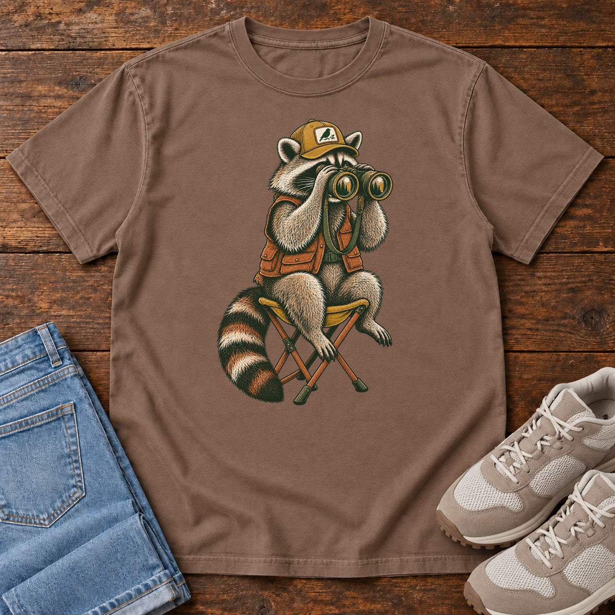 Raccoon Binoculars Chair T-Shirt in Espresso