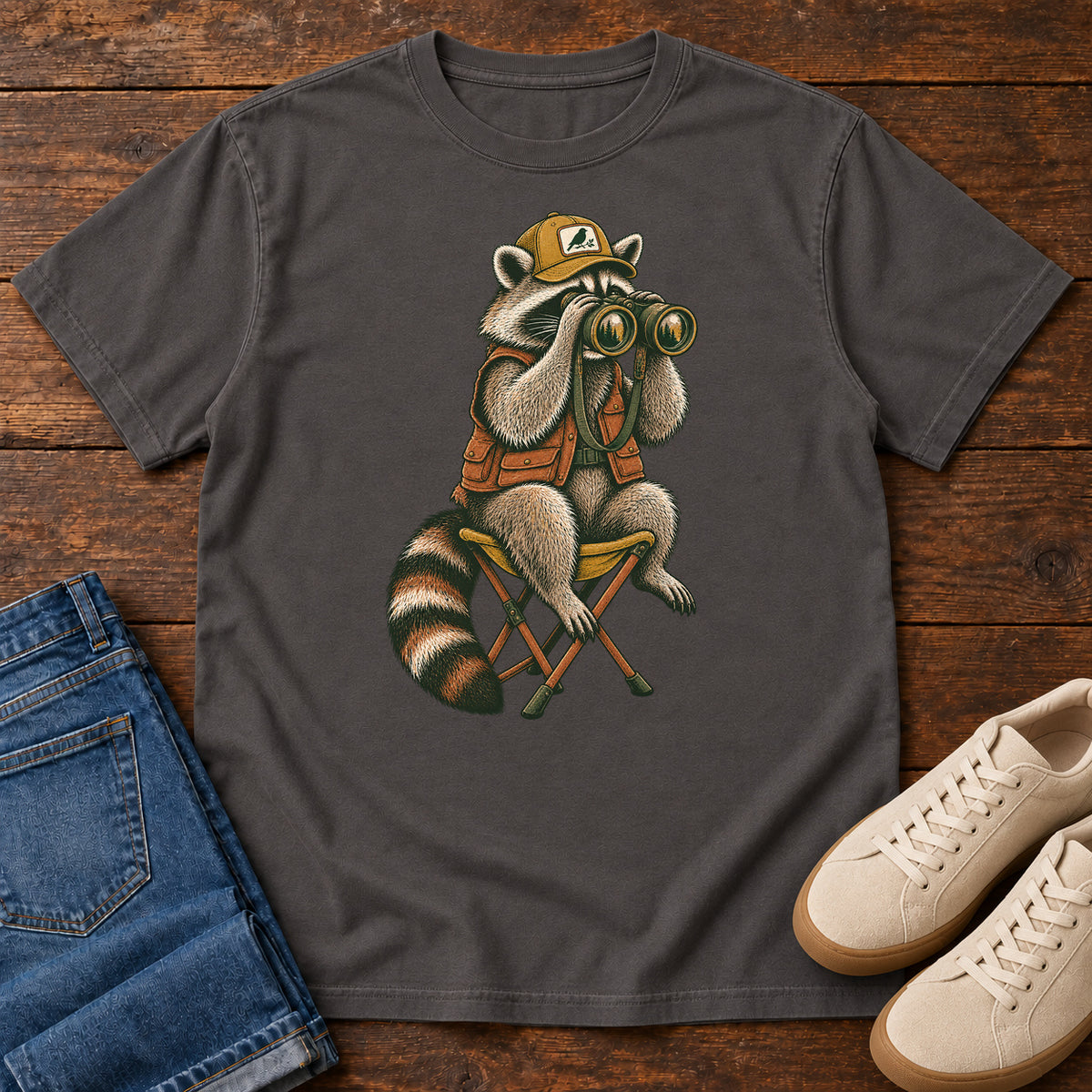 Raccoon Binoculars Chair T-Shirt in Graphite